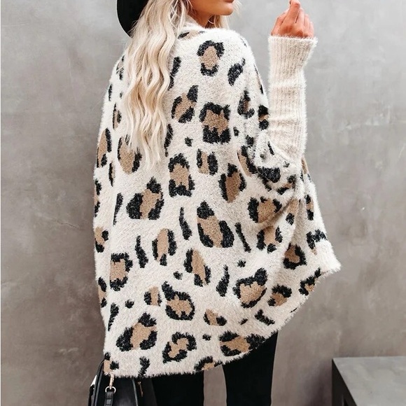 fuzzy women leopard animal print chunky knit jacket open front - Picture 2 of 15